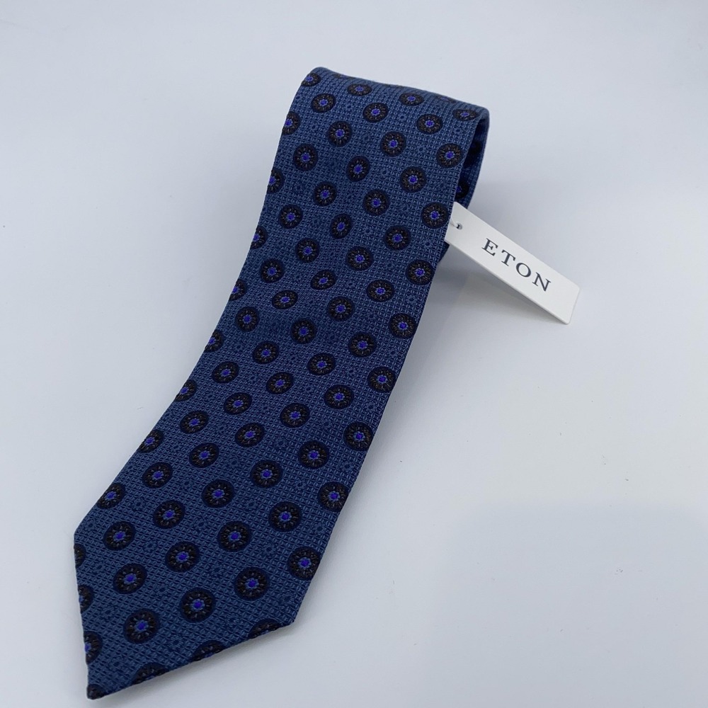 Eton Silk Tie Mens Blue Medallion Pattern Made In Italy Dress Business Necktie